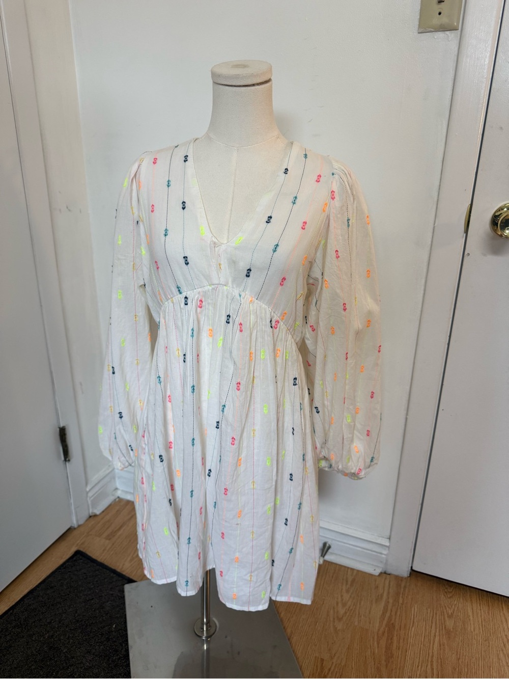 Japna White Long-Sleeve Embroidered Mini Dress with Neon Accents